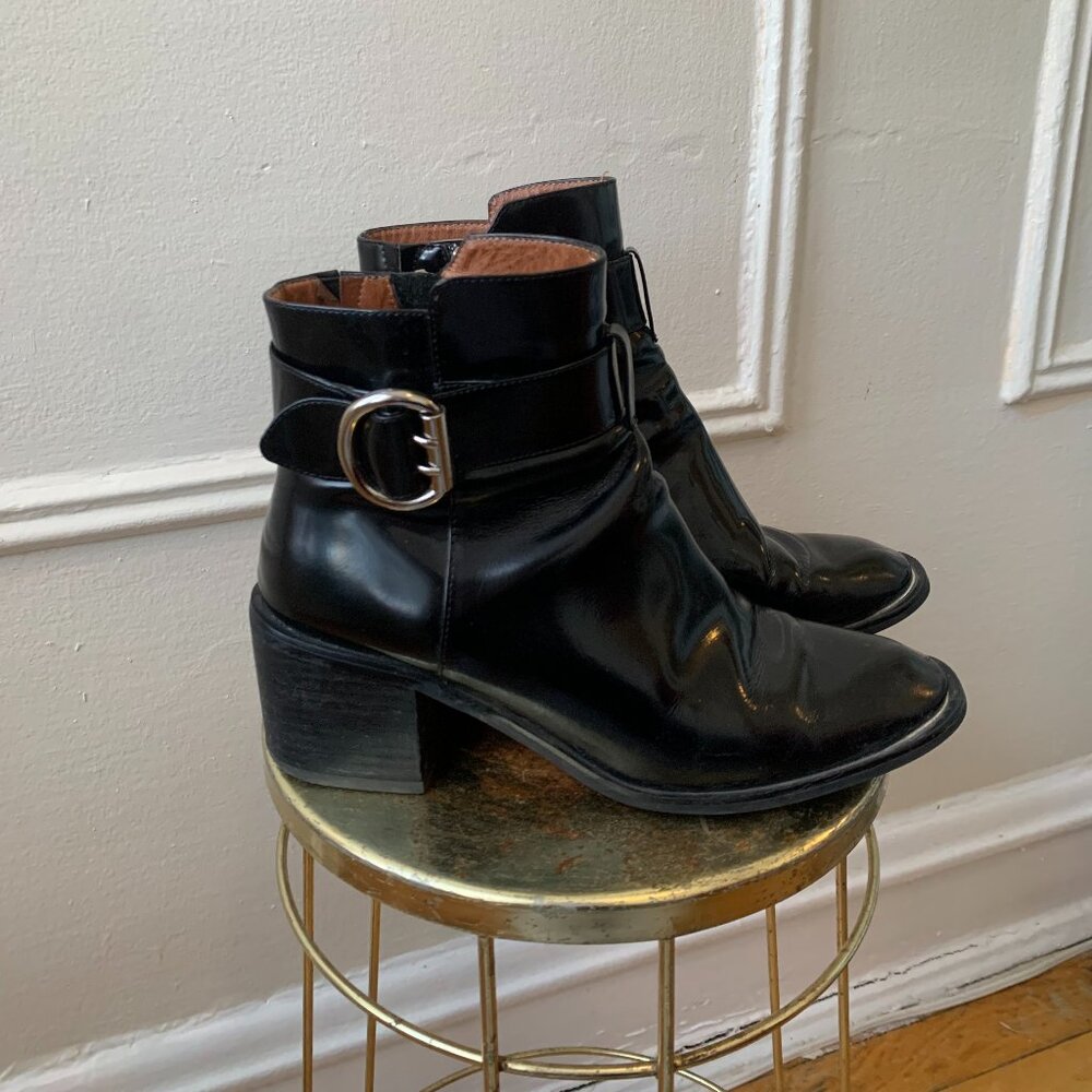 Jeffrey Campbell Black Polished Leather Ankle Boot Buckle Block Heel Edgy